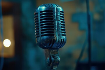 Close up of a metal microphone with a blurred backdrop in a karaoke club