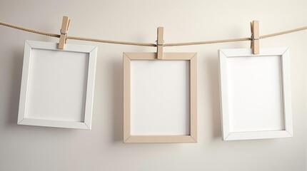 Minimalist empty frames hanging from clothesline for art display concept