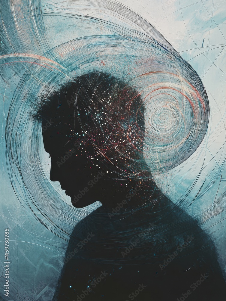 Fototapete human silhouette surrounded by an abstract whirlwind representing deep loneliness and introspection 