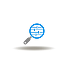 Vector illustration of magnifying glass with adjustment panel. Icon of settings. Symbol of customization.