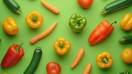 Colorful vegetables arranged on green background.