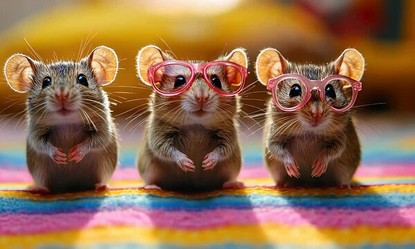 A group of playful mouse wear pink sunglasses standing on a colorful gravel