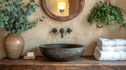 This image showcases a beautifully designed bathroom sink surrounded by greenery and natural materials, creating a serene atmosphere.