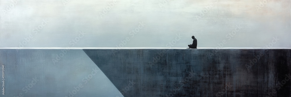 Aufkleber solitary figure reflecting on a foggy bridge at dawn, contemplating the essence of loneliness and is