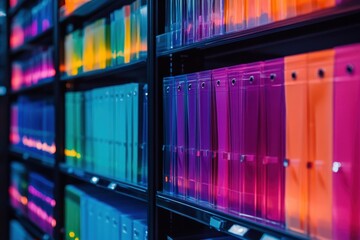 Colorful file folders on office shelves document storage accounting or report theme backdrop