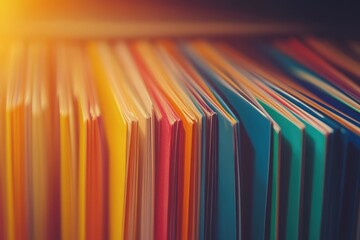 Colorful file folders in a drawer with a blurred background and sharp focus on the front edges