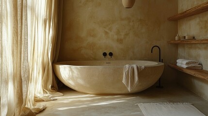 A beautifully minimalistic bathroom with a stone bathtub, natural light, and earthy tones. Features eco-friendly materials for a calming atmosphere.