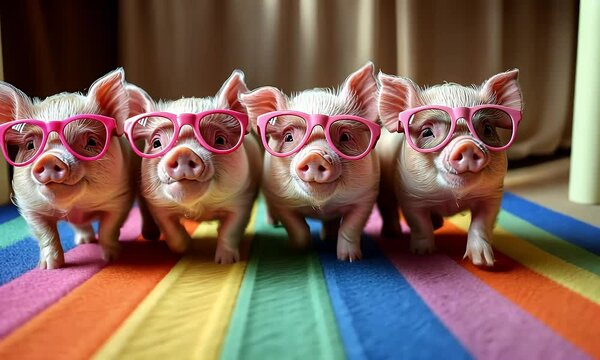 A group of playful pig's wear yellow, pink sunglasses walking on a colorful gravel