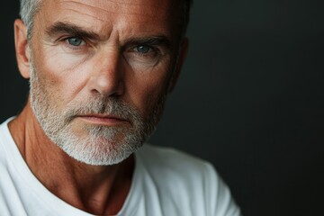 Obraz premium Confident middle aged male beauty model in a white t shirt posed alone against a gray backdrop Close up half face aesthetic portrait with ample copy space