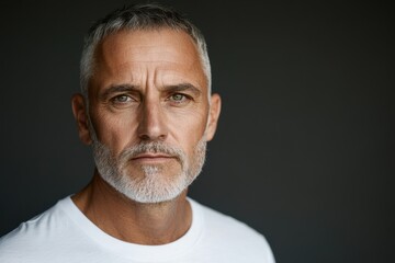 Obraz premium Confident older male model in a white t shirt posed against a gray backdrop Close up half face portrait with space for text