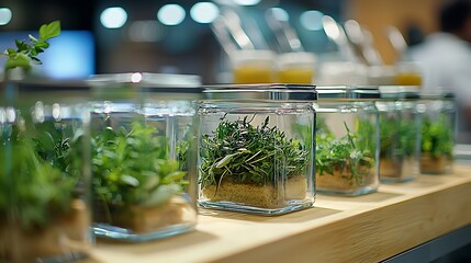 Fresh herbs in glass jars on wooden shelf.