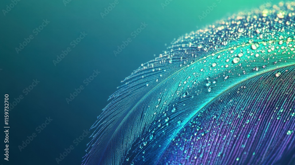 Fototapete close up of a vibrant peacock feather adorned with dew drops against a shimmering background creatin
