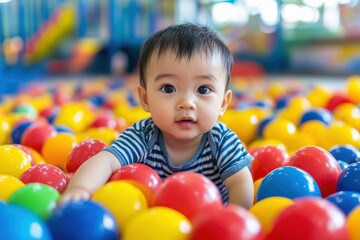 Fototapeta premium Cute Asian toddler at preschool playing with bright learning toys in an indoor play area