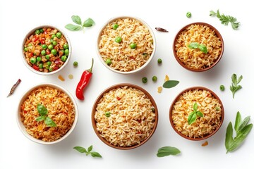 Delicious pilaf arrangement on a light backdrop aerial view