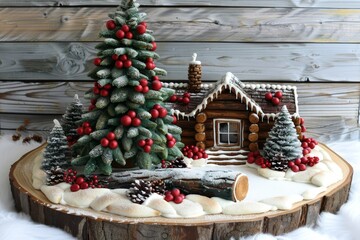 Festive gingerbread house with a snowy tree and decorations arranged beautifully on a wooden base