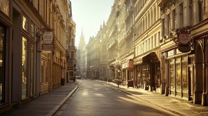 Fototapeta premium Sunlit European street scene with shops and buildings.