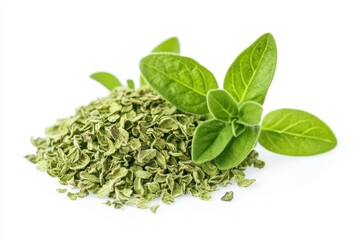 Obraz premium Dried oregano and fresh leaves on a white background Close up of chopped oregano or marjoram