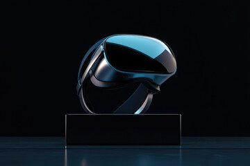 Sleek, futuristic VR headset rests on a dark, minimalist stand, promising immersive experiences.