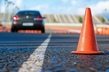 Driving school setup with a car and traffic cones an orange cone designated for driver training at a racetrack