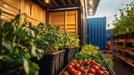 A lush garden inside a shipping container, with tomatoes and lettuce growing while the container is being loaded onto a cargo ship, symbolizing mobile agriculture. 