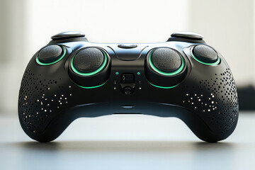 Futuristic black gaming controller with teal accents and perforated design, enhancing the gaming experience.