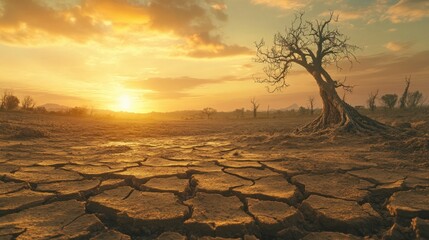 Drought and Desolation on Cracked Earth Under a Dull Sunset Evoking Environmental Crisis and Agricultural Hardship