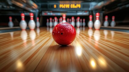 Red Bowling Ball on Polished Lane, Ready to Strike Pins