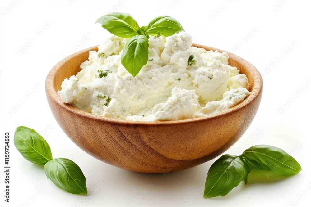 Wall mural Fresh basil topped ricotta on white background