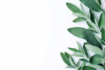 Fresh sage herb on a white background top view with space for text
