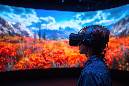 Woman using VR headset to experience immersive autumn landscape with mountains and vibrant foliage.