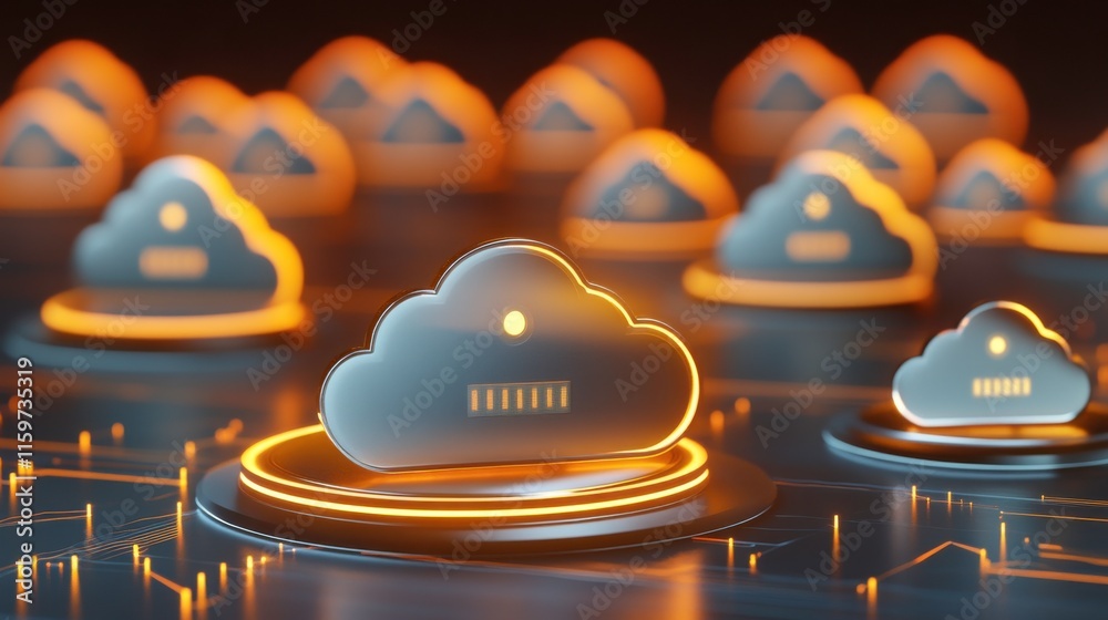 Poster cloud storage solutions with rotating disks under soft lighting