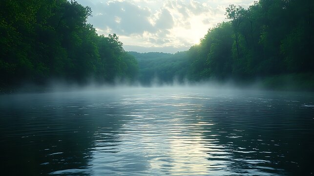 Serene morning mist over calm river reflecting soft light in tranquil forest landscape
