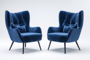 Modern blue armchair and chair set on white background.