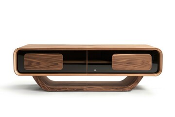 Brown modern TV table wood on white background . corner view