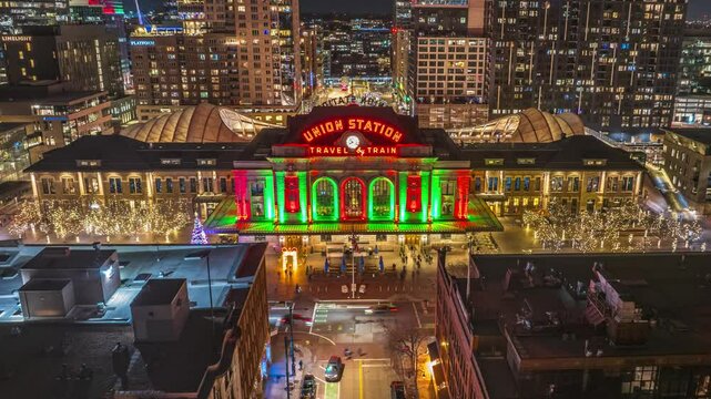 Union train Station with city skyline, aerial hyperlapse, Denver, Colorado 4K