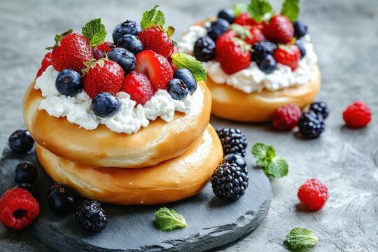 Homemade golden bagels served with berries and cottage cheese and as fresh sandwiches