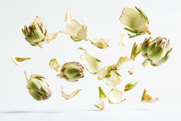 Isolated high resolution image of a fresh raw artichoke in mid air against a white background
