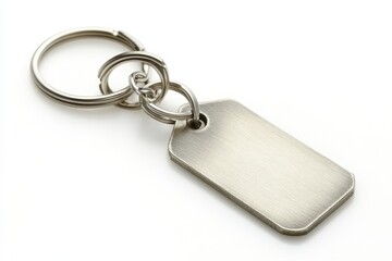 Isolated silver military dog tags on a small keychain against a white backdrop