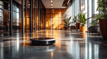 Robotic vacuum cleaner in modern office hallway.