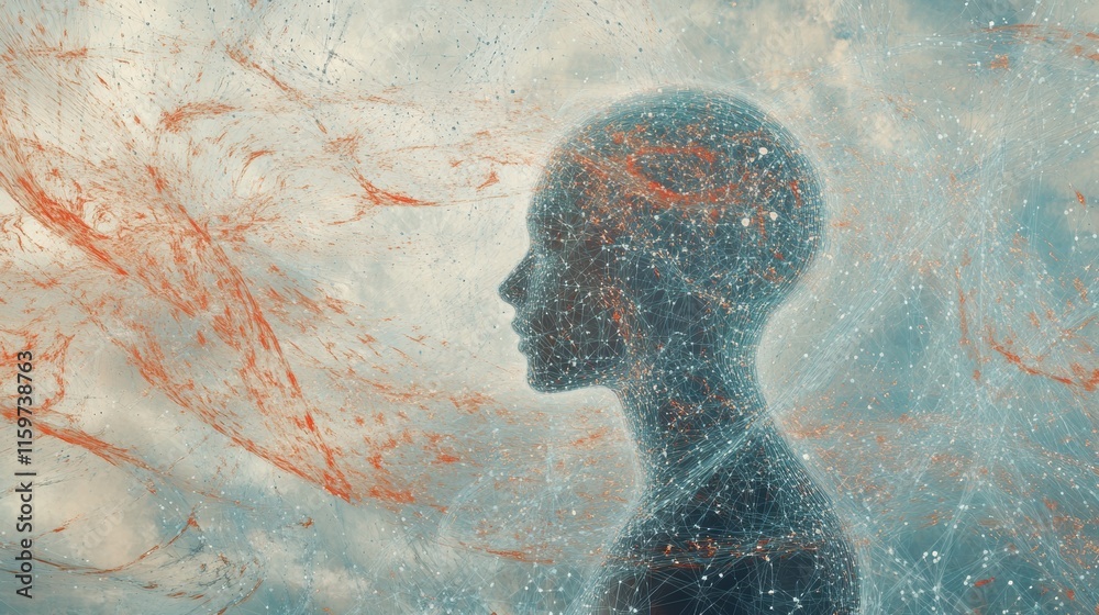 Aufkleber Human silhouette surrounded by abstract whirlwind conveys loneliness through visual imagery and conceptual elements of isolation. Generative AI