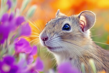 Obraz premium Detailed closeup portrait showcasing kangaroo rat amidst desert wildflowers