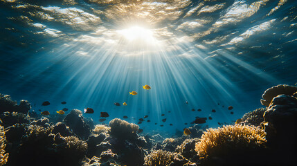 Obraz premium Underwater sunbeams illuminate vibrant coral reef teeming with colorful fish, creating a breathtaking scene of ocean life.