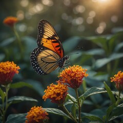 Obraz premium A butterfly perched on a rare jungle flower at sunrise.