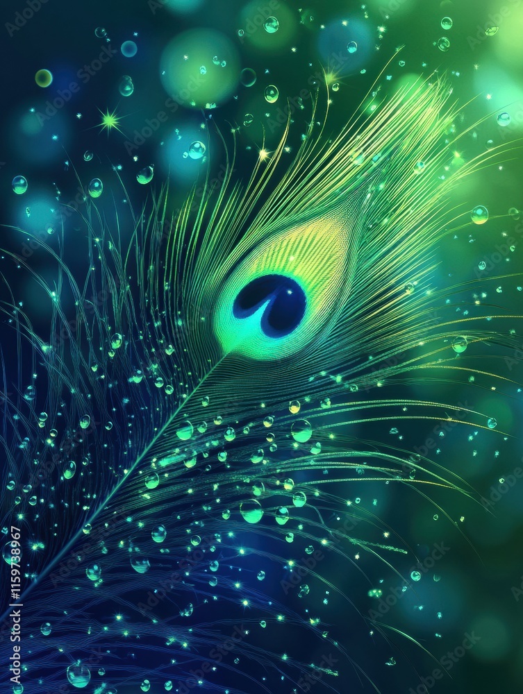 Poster Captivating close up of dew kissed peacock feather on vibrant background with space for text. Generative AI