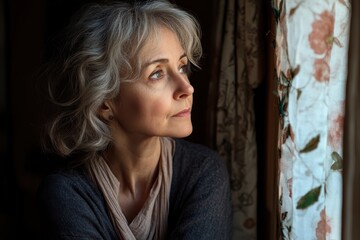 Fototapeta premium Melancholic middle aged woman sits alone at home feeling anxious and lonely burdened by sorrow and solitude