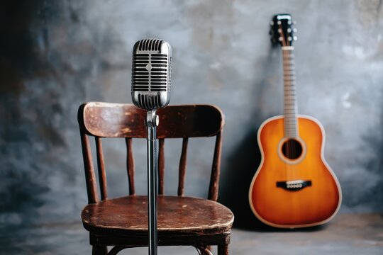 Metal stand microphone and acoustic guitar beside a brown wooden chair against a gray backdrop