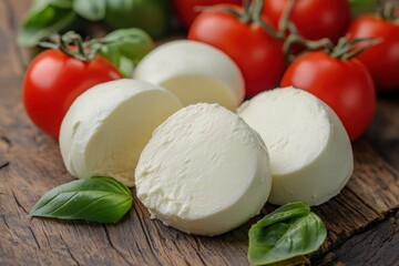 Mozzarella tomatoes and basil salad on a wooden surface