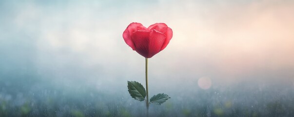 A beautiful heart-shaped red rose stands alone amidst a dreamy background.