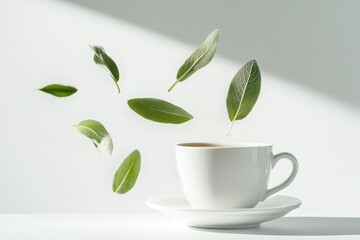New sage leaves dropping into a cup of brewed tea on a white surface