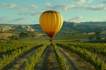 Obraz premium Hot air balloon soaring over picturesque vineyards, Cappadocia, Turkey. Golden hour light illuminates the landscape.